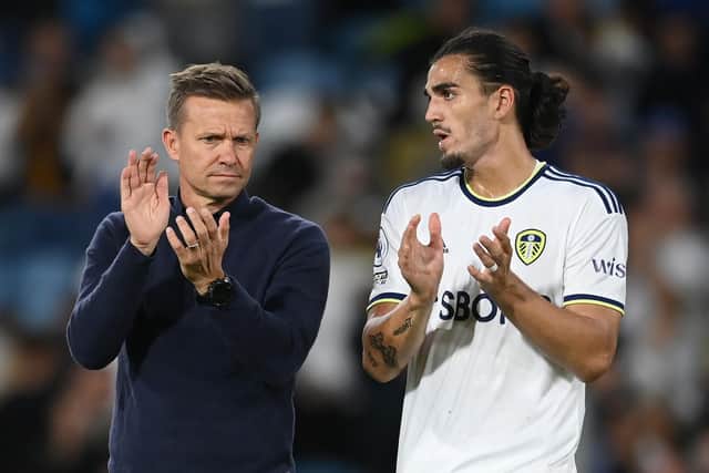 Leeds manager Jesse Marsch speaks to Pascal Struijk of Leeds after the Premier League match between Leeds United and Everton FC at Elland Road on August 30, 2022 in Leeds, England. (Photo by Michael Regan/Getty Images)