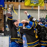 WINNERS: Leeds Knights' captain Kieran brown lifts the NIHL National Cup trophy aloft as his team-mates celebrate after their 8-6 aggregate win over Romford Raiders. Picture: Ben Gordon/Knights Media.