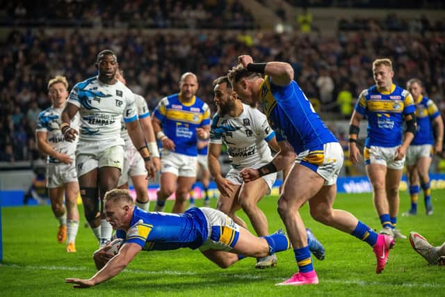 Brad Dwyer scores for Rhinos against Toulouse this season. Picture by Bruce Rollinson.