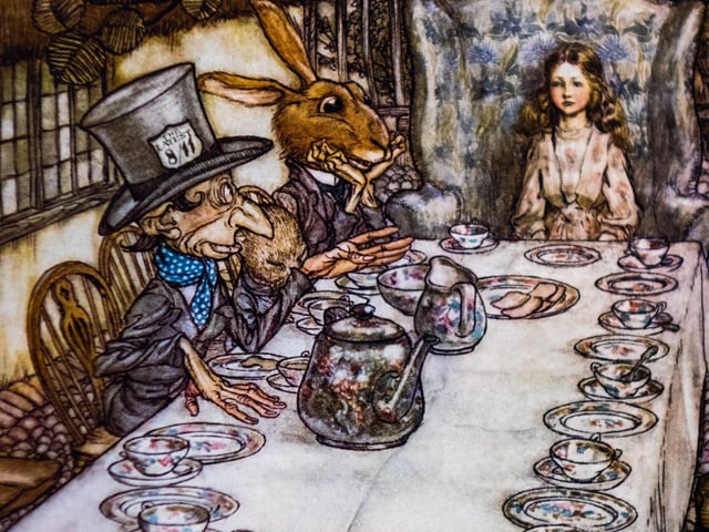 Pictured is an illustration from Alice's Adventures in Wonderland published by Lewis Carroll, Illustrated by Arthur Rackham. Photo: James Hardisty
