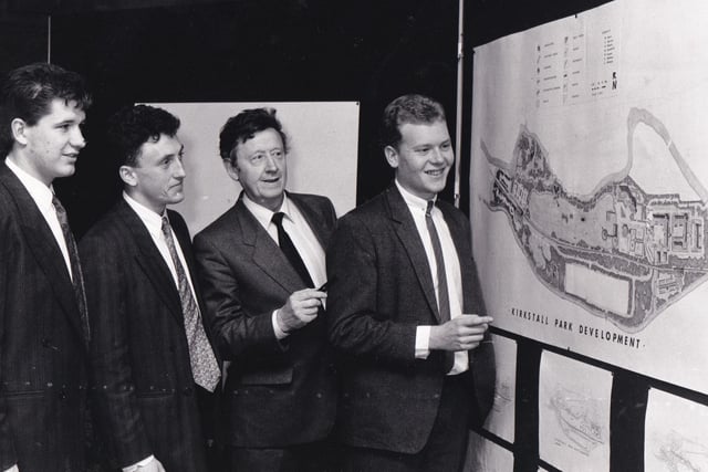Fast forward to January 1988 and students from Leeds Polytechnic had designs on turning the site into a multi-million pound leisure park. City councillors were give the chance to see the students' ambitious plans during an exhibition at Leeds Civic Hall. Pictured, from left, are Nick Roberts, Anthony Harrison, Coun Bernard Atha (Lab, Kirkstall) and Bob Matthews by their design for Kirkstall Park.