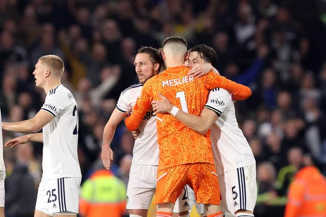 LEEDS, ENGLAND - APRIL 04: Luke Ayling, Illan Meslier and Robin Koch of Leeds United celebrate following the Premier League match between Leeds United and Nottingham Forest at Elland Road on April 04, 2023 in Leeds, England. (Photo by Alex Livesey/Getty Images)