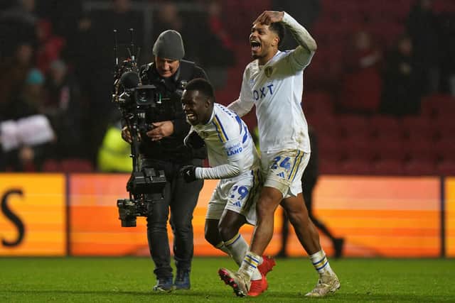 ALL IN: A delighted Georginio Rutter salutes matchwinner Willy Gnonto following Leeds United's 1-0 victory against Bristol City at Ashton Gate. Picture by Bradley Collyer/PA Wire.