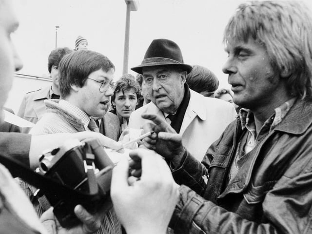 Musician Joe Brown and famous Hollywood actor Ray Milland arrive on the Flying Scotsman in Leeds in February 1983.