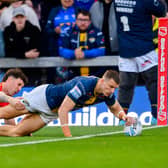 Ash Handley scores for Leeds Rhinos in last week's win against Catalans Dragons. Picture by Allan McKenzie/SWpix.com.