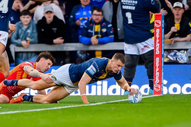 Ash Handley scores for Leeds Rhinos in last week's win against Catalans Dragons. Picture by Allan McKenzie/SWpix.com.