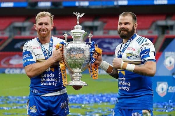 Matt Prior,  left with teammate Adam Cuthbertson, celebrates Rhinos' 2020 Challenge Cup win at Wembley. Picture by Ed Sykes/SWpix.com.