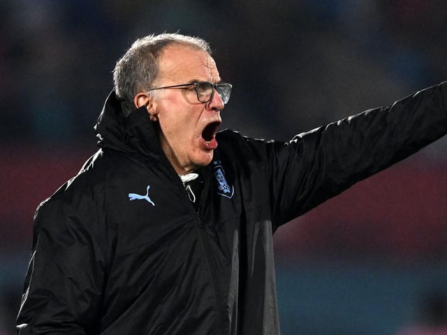 Uruguay's coach Argentine Marcelo Bielsa gestures during the friendly football match between Uruguay and Nicaragua. Uruguay won 4-1. (Photo by EITAN ABRAMOVICH/AFP via Getty Images)