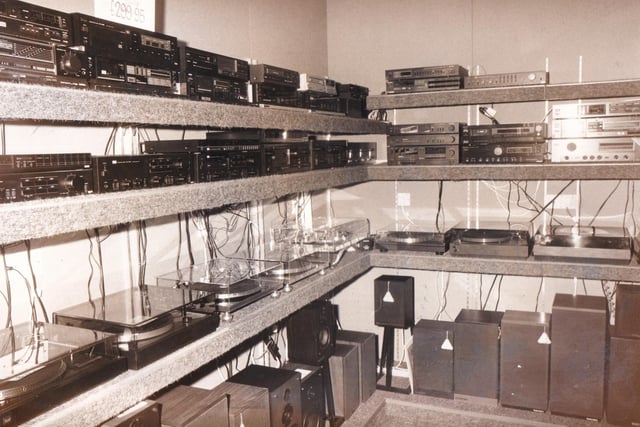 A corner of Virgin's hi-fi room in its new store. From Sansui to Sharp, there were personal hi-fi units, stereo record players, some video recorders and televisions as well as the ultra modern compact disc players. The hi-fi section in the new store was only one of a handful to be set up in Virgin.