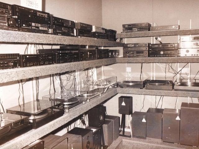 A corner of Virgin's hi-fi room in its new store. From Sansui to Sharp, there were personal hi-fi units, stereo record players, some video recorders and televisions as well as the ultra modern compact disc players. The hi-fi section in the new store was only one of a handful to be set up in Virgin.