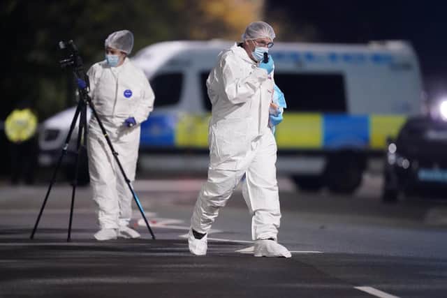 Forensic officers in Horsforth, Leeds, after a 15-year-old boy was taken to hospital in a critical condition after he was reportedly assaulted near a school. Photo: Danny Lawson/PA Wire.