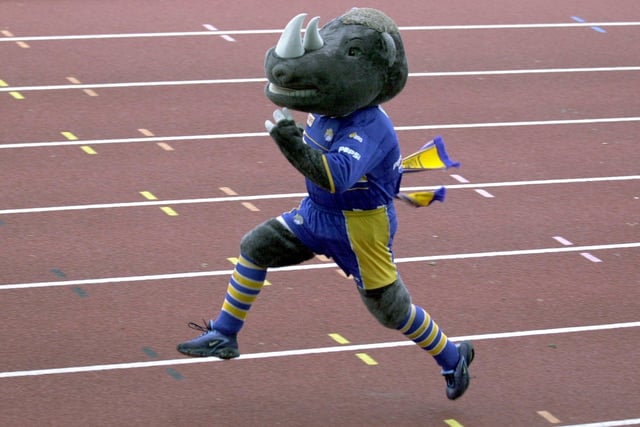 Ronnie the Rhino on the running track at South Leeds Stadium in April, 2001.