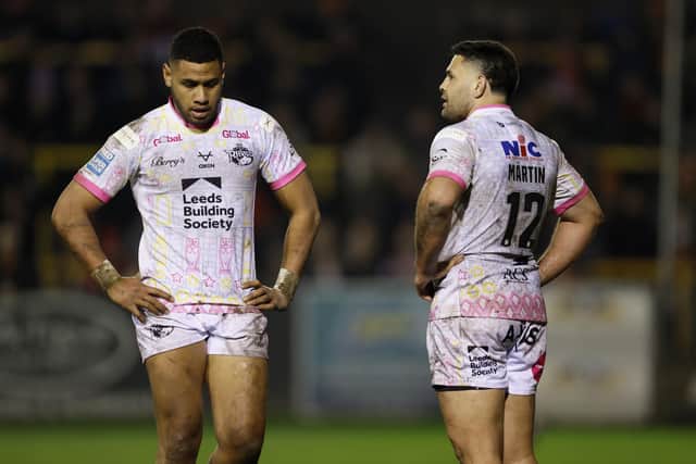Leeds. David Fusitu'a and Rhyse Martin Rhinos look dejected following their defeat at Castleford. Picture by Richard Sellers/PA Wire.
