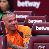 LONDON, ENGLAND - SEPTEMBER 16: Kalvin Phillips of Manchester City sits on the bench during the Premier League match between West Ham United and Manchester City at London Stadium on September 16, 2023 in London, England. (Photo by Alex Pantling/Getty Images)