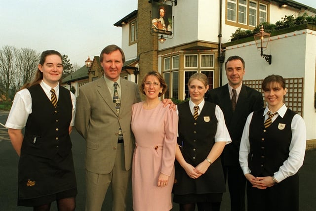 The Lord Darcy on Harrogate Road was named YEP Pub of the Year in Janaury 1998. Pictured are hosts David and Sharon Hill with some of their staff, from left, Catherine Roberts, Laila Hamade (bar supervisor) Martin Tindall (assistant manager) and Elena Georgiou.