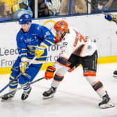 SEE YOU SOON: Leeds Knights' Sam Cooper (left) and Sheffield Steeldogs' Ivan Björkly-Nordström battle for puck possession in Thursday's first leg of the NIHL National Cup final - the tie concludes in Sheffield on March 11. Picture: Ben Gordon/Knights Media.