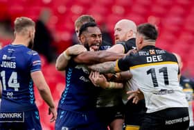 King Vuniyayawa, of Featherstone Rovers, fends off York Knights' Jordan Thompson and Jesse Dee during last season's 1895 Cup final at Wembley. Picture by Allan McKenzie/SWpix.com.