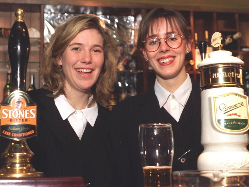 Manager Tanya Besford (left) and assistant Nicki Robinson pictured behind the bar at the Streets of Leeds pub on Street Lane in January 1996.