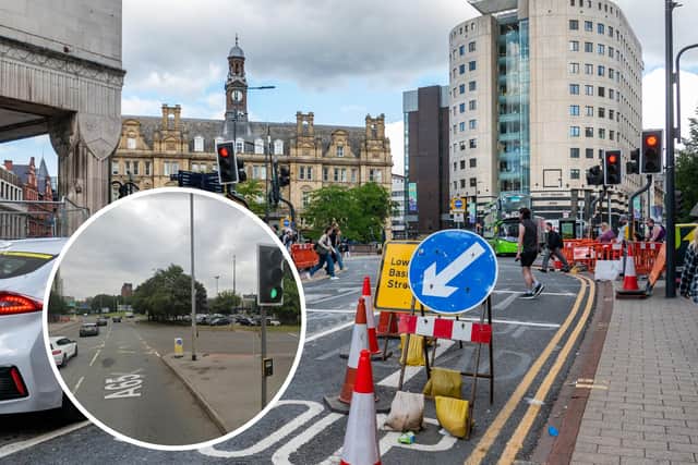 The roadworks at Leeds City Square and, inset, West Street Gyratory, where Kirkstall Road meets Wellington Street.