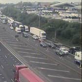 Traffic queuing on the eastbound carriageway of the M62 near Morley. Picture: National Highways/Crown 2023