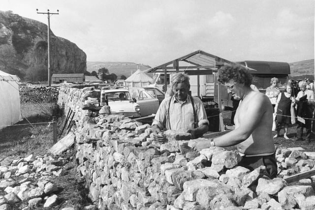 Kilnsey Showin August 1973.  Dry Stone Walling with George Hartley from Embsay and Jim Sayer from Pateley Bridge.