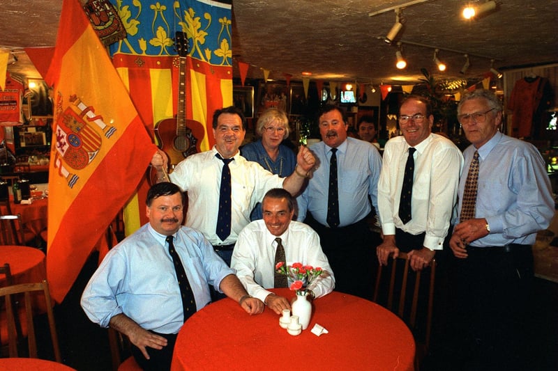 The La Comida restaurant was hoping for a Spanish victory in the Euro 1996 quarter-final clash against England. Pictured with his customers in June 1996 is Spanish owner Vincente Rodriguez holding the Spanish flag