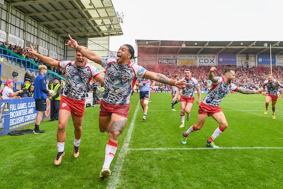 This year's surprise package are Wembley-bound and second in the Super League table, but remain relative outsiders for a Grand Final win, at 8/1.
(Picture shows Leigh’s Tom Amone and teammates celebrating the Cup semi-final win over St Helens.)
