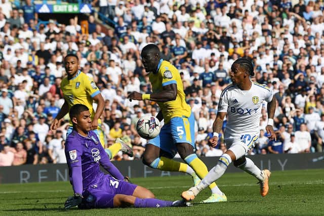 DENIED: Sheffield Wednesday keeper Devis Vasquez races out to thwart Leeds United's Crysencio Summerville in Saturday's goalless Championship draw at Elland Road.