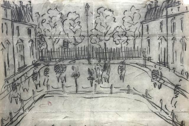 A pencil drawing of a Salford Square that the artist L.S. Lowry reputedly tore from his sketchbook and gave to a member of the public (Photo by David Duggleby Auctioneers/SWNS)