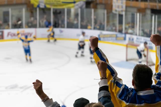 GROWING APPEAL: Fans celebrate a Leeds Knights goal during the 6-3 win over NIHL National rivals Raiders IHC in October Picture courtesy of Oliver Portamento.