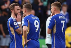 QUESTION MARKS: Surrounding the now departed James Maddison, left, Jamie Vardy, centre, and Harvey Barnes, right, from ex-Leicester City striker Alan Smith who believes Leeds United have an advantage in the Championship promotion race. Photo by DARREN STAPLES/AFP via Getty Images.