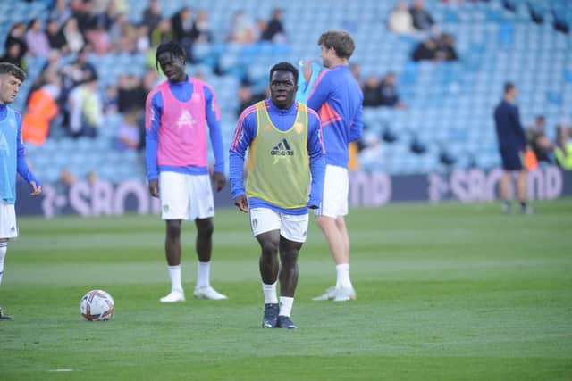 Willy Gnonto warms up for Leeds United's Under-21s (Pic: Steve Riding)