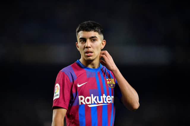 Barcelona's Spanish forward Ilias Akhomach looks on during the Spanish league football match between FC Barcelona and RCD Espanyol, at the Camp Nou stadium in Barcelona on November 20, 2021. (Photo by Pau BARRENA / AFP) (Photo by PAU BARRENA/AFP via Getty Images)