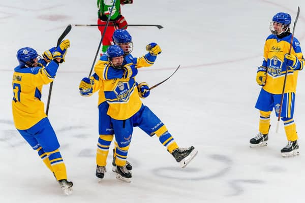 LEARNING FAST: Leeds Knights II's players celebrate scoring against Deeside. Picture: Kev Bland/Knights Media.