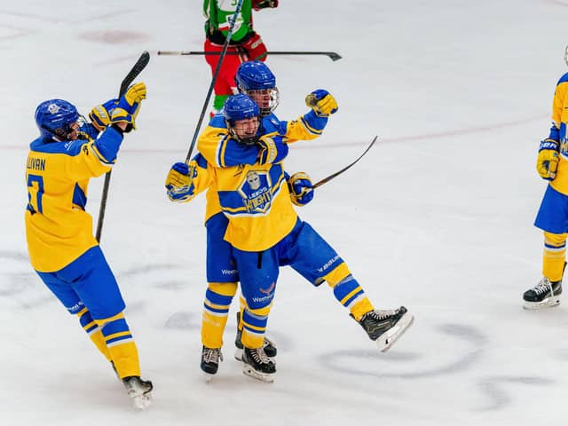 LEARNING FAST: Leeds Knights II's players celebrate scoring against Deeside. Picture: Kev Bland/Knights Media.
