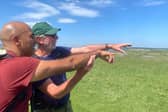 Leeds Rambler Gary Hall describes scenery above Grassington to Amar Latif, UK President of Ramblers