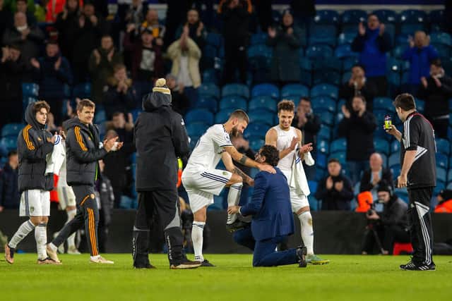 EMOTIONAL FAREWELL: For Mateusz Klich, with Victor Orta after Wednesday night's 2-2 draw against West Ham United at Elland Road. Picture by Bruce Rollinson.