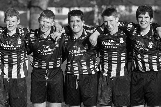 Rawdon AFC beat Westfield 9-1 in the Wharfedale Triangle League in January 1997. Pictured are five of the six players made the scoresheet, from left, Lee Poole(2), Craig Thornton, Martin Gilks, Stuart Clarke and Dave Gilks (3).