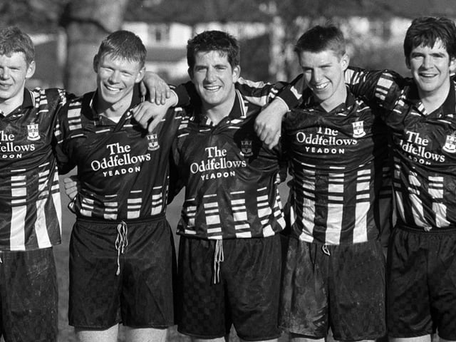 Rawdon AFC beat Westfield 9-1 in the Wharfedale Triangle League in January 1997. Pictured are five of the six players made the scoresheet, from left, Lee Poole(2), Craig Thornton, Martin Gilks, Stuart Clarke and Dave Gilks (3).
