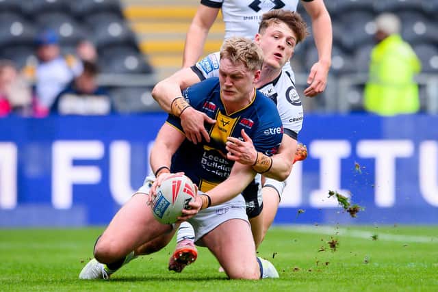 James McDonell scores Leeds Rhinos' first try in Sunday's loss at Hull FC. Picture by Allan McKenzie/SWpix.com.