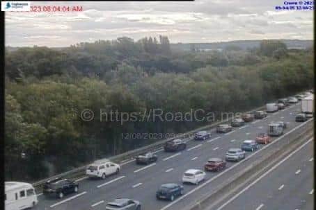 Traffic queueing on the M1 southbound carriageway following the crash near Wakefield (Photo by motorwaycameras.co.uk)