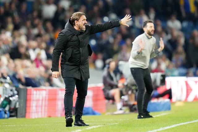 WE'LL MEET AGAIN: Leeds United manager Daniel Farke, left, and West Brom boss Carlos Corberan, right, in Friday night's Championship clash at The Hawthorns, the pair pictured on the sidelines during August's 1-1 draw between the Whites and Baggies at Elland Road. Photo by Danny Lawson/PA Wire.