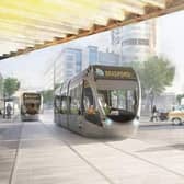 An artists impression of light rail trams trains network public transport system for the West Yorkshire mass transit scheme.