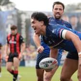 Wakefield Trinity's Isaiah Vagana celebrates scoring against Warrington Wolves last weekend. Picture by John Clifton/SWpix.com.