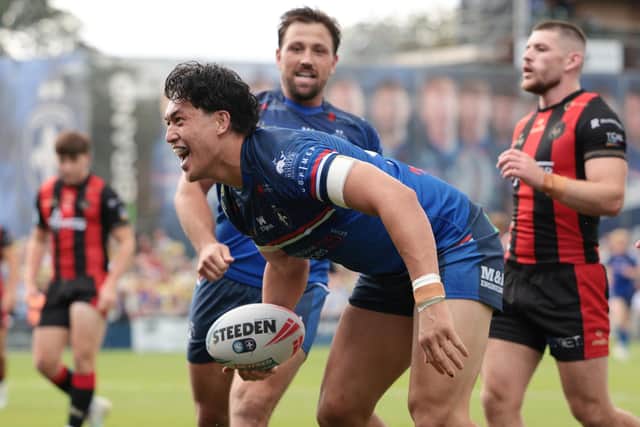 Wakefield Trinity's Isaiah Vagana celebrates scoring against Warrington Wolves last weekend. Picture by John Clifton/SWpix.com.