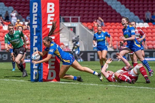 Leeds Rhinos' Ruby Enright scores her second try in the Challenge Cup semi-final against Wigan. Picture by Olly Hassell/SWpix.com.