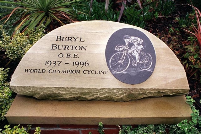 Part of the memorial to Morley cyclist Beryl Burton OBE in Beryl Burton Gardens in October 1998.