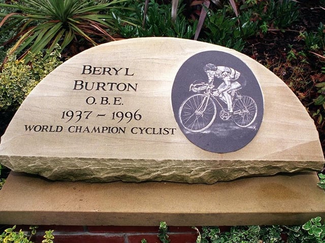 Part of the memorial to Morley cyclist Beryl Burton OBE in Beryl Burton Gardens in October 1998.