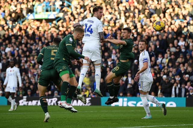 URGENT AND VOCAL: Leeds United defender Joe Rodon sends in a header during Saturday's Championship victory against Plymouth Argyle at Elland Road. 
Picture by Jonathan Gawthorpe.