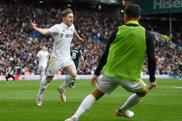 LEEDS, ENGLAND - MARCH 13: Joe Gelhardt of Leeds United celebrates scoring their side's second goal during the Premier League match between Leeds United and Norwich City at Elland Road on March 13, 2022 in Leeds, England. (Photo by Michael Regan/Getty Images)
